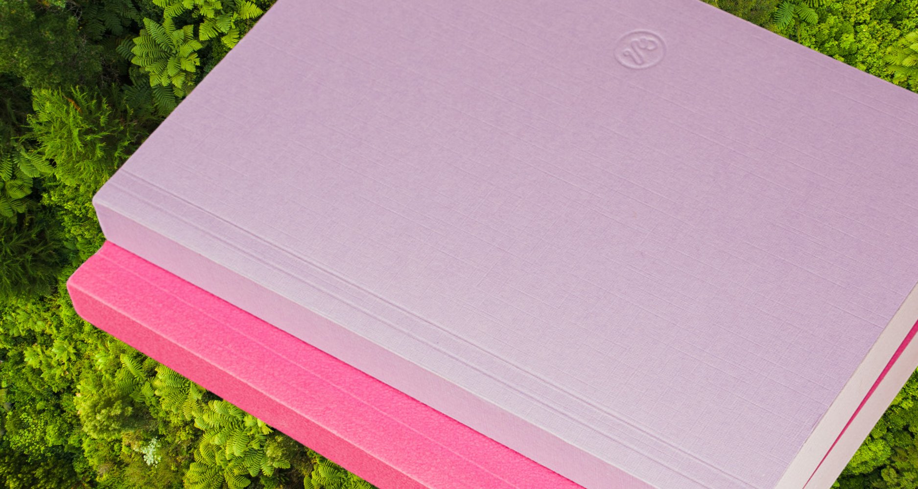 Flat lay of eco-friendly Papersmiths notebooks photographed on a grass background.