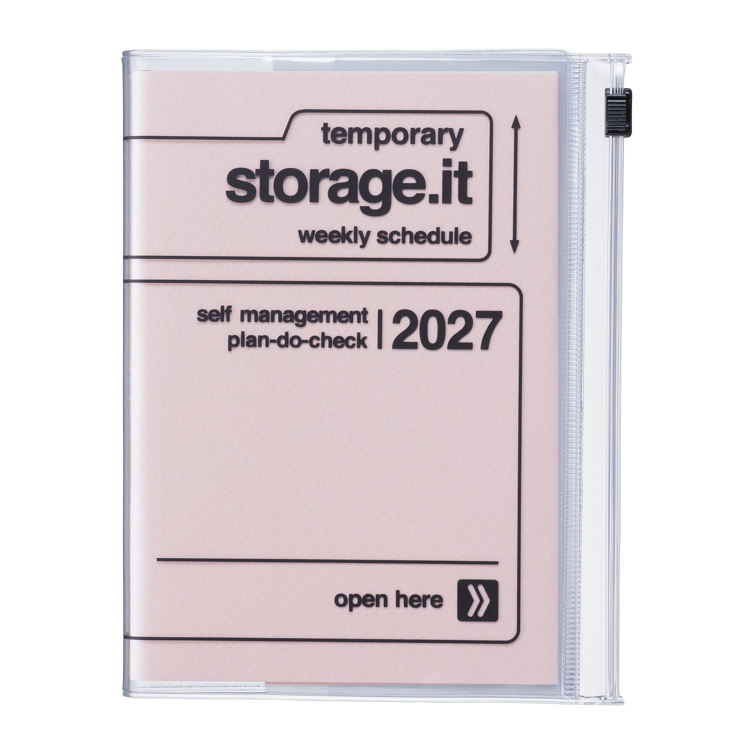 A clear plastic zippered storage organizer holding a pale pink weekly schedule notebook with black text reading 'temporary storage.it weekly schedule' and 'self management plan-do-check 2027'.