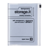 A clear plastic weekly schedule organizer with a white insert page printed with black text reading 'temporary storage.it weekly schedule', 'self management plan-do-check 2027', and 'open here'.