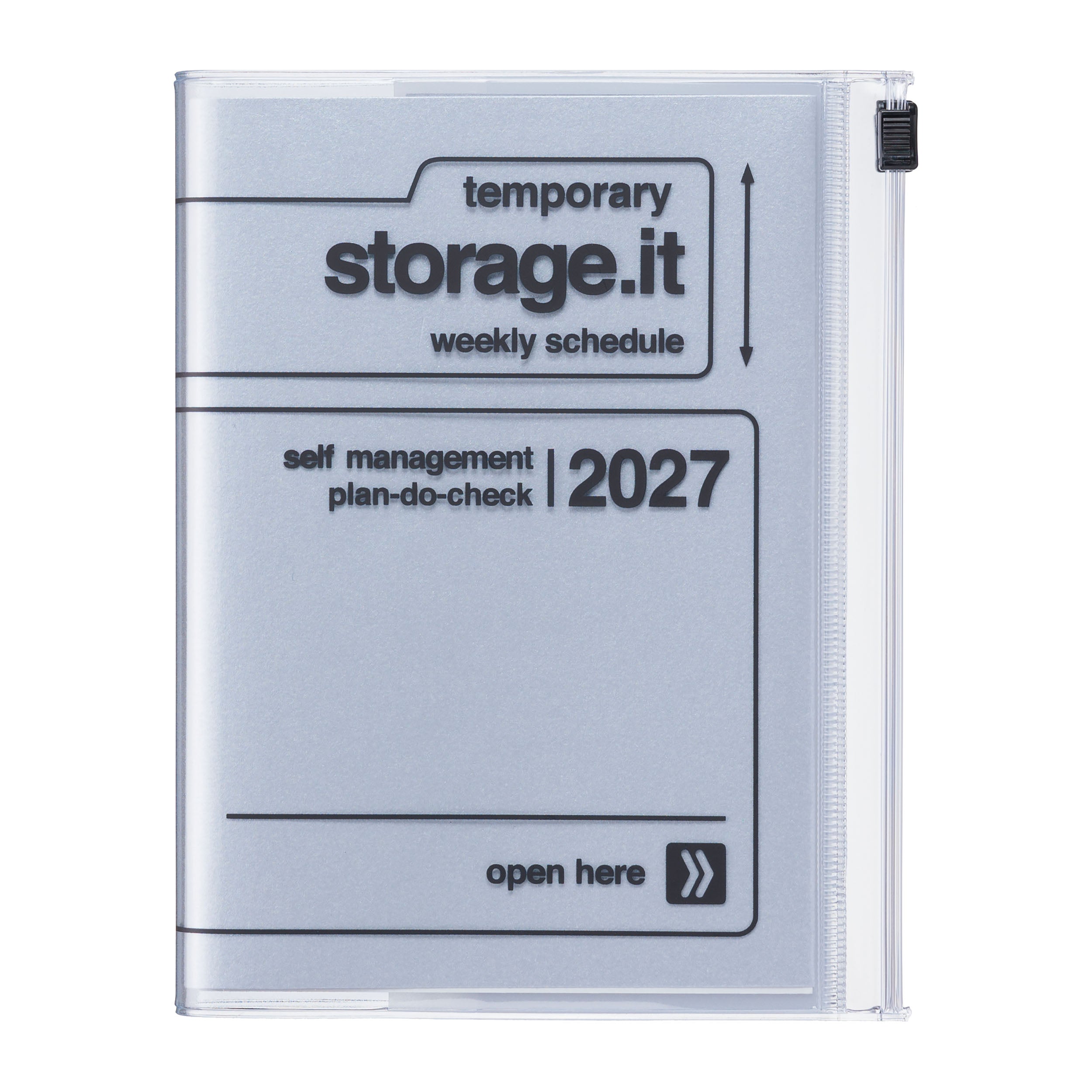 A clear plastic weekly schedule organizer with a white insert page printed with black text reading 'temporary storage.it weekly schedule', 'self management plan-do-check 2027', and 'open here'.