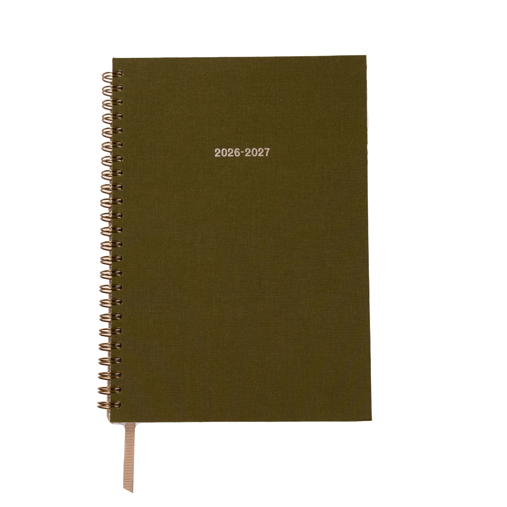 Green planner with '2026-2027' on a white background