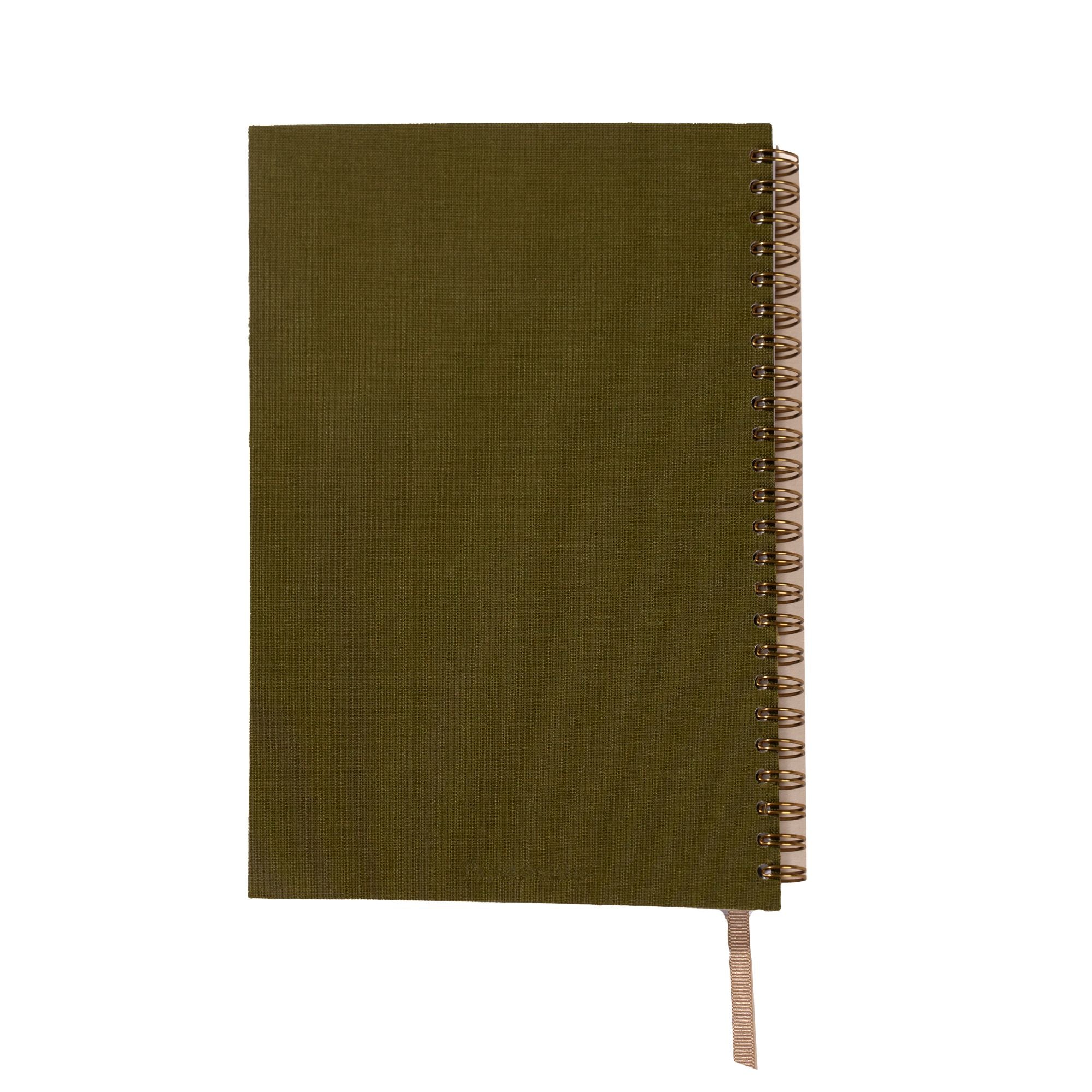 Green notebook with a spiral binding on a white background
