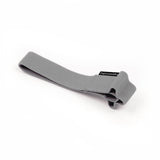 A grey elastic notebook band with a loop end, designed to wrap around a notebook or diary to hold pens and keep pages together.
