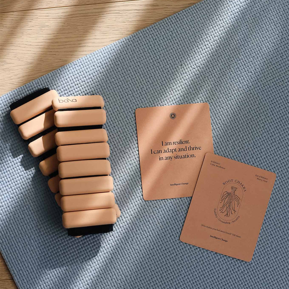 Chakra affirmations on a yoga mat