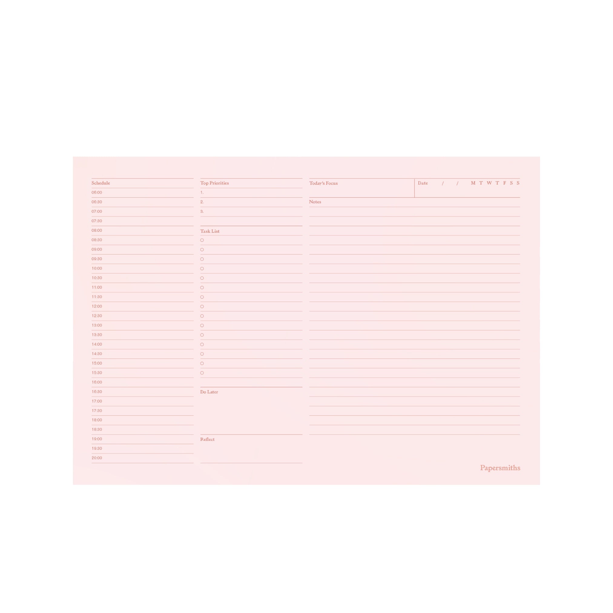 Pink planner insert with columns and text on a white background