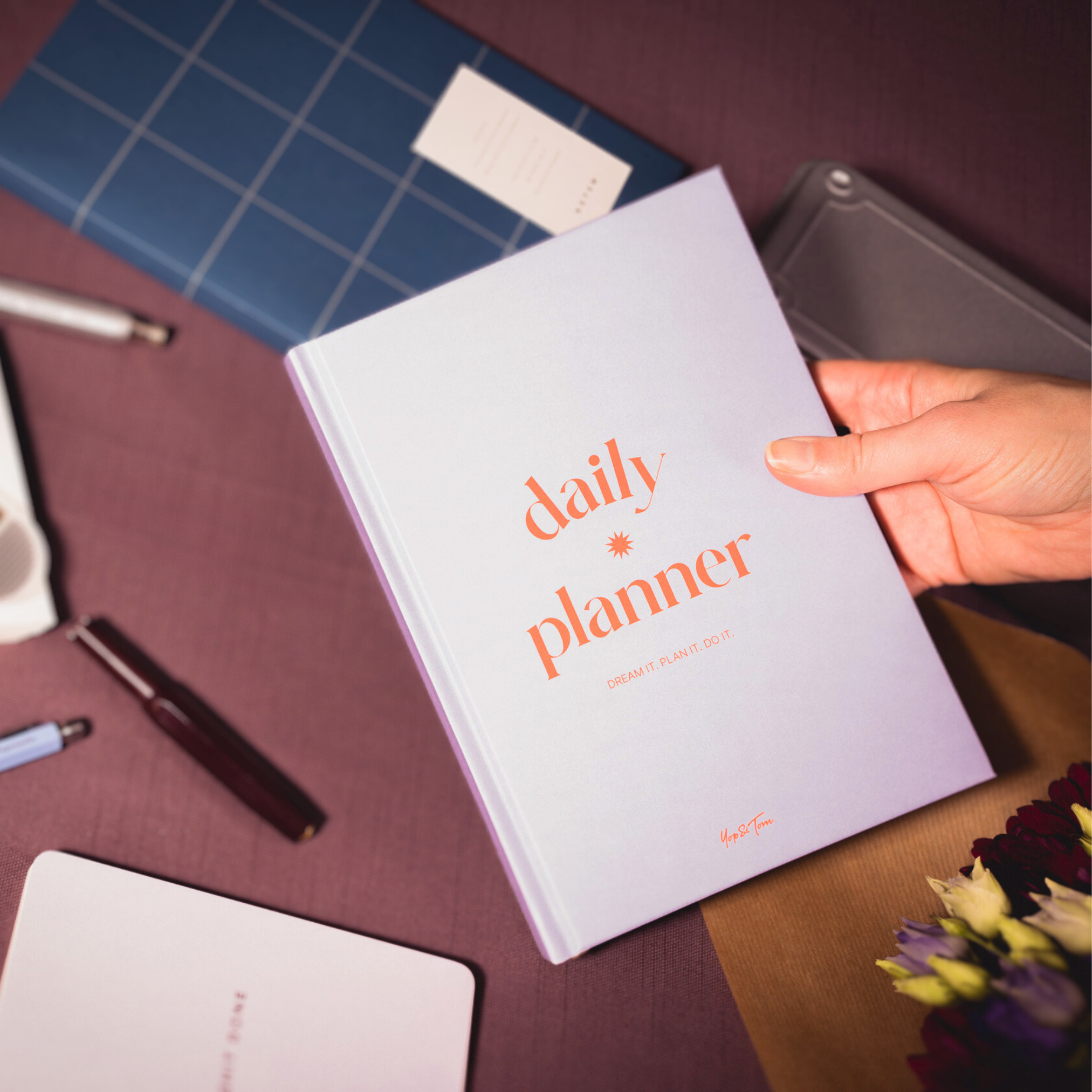 Daily undated planner in purple and orange