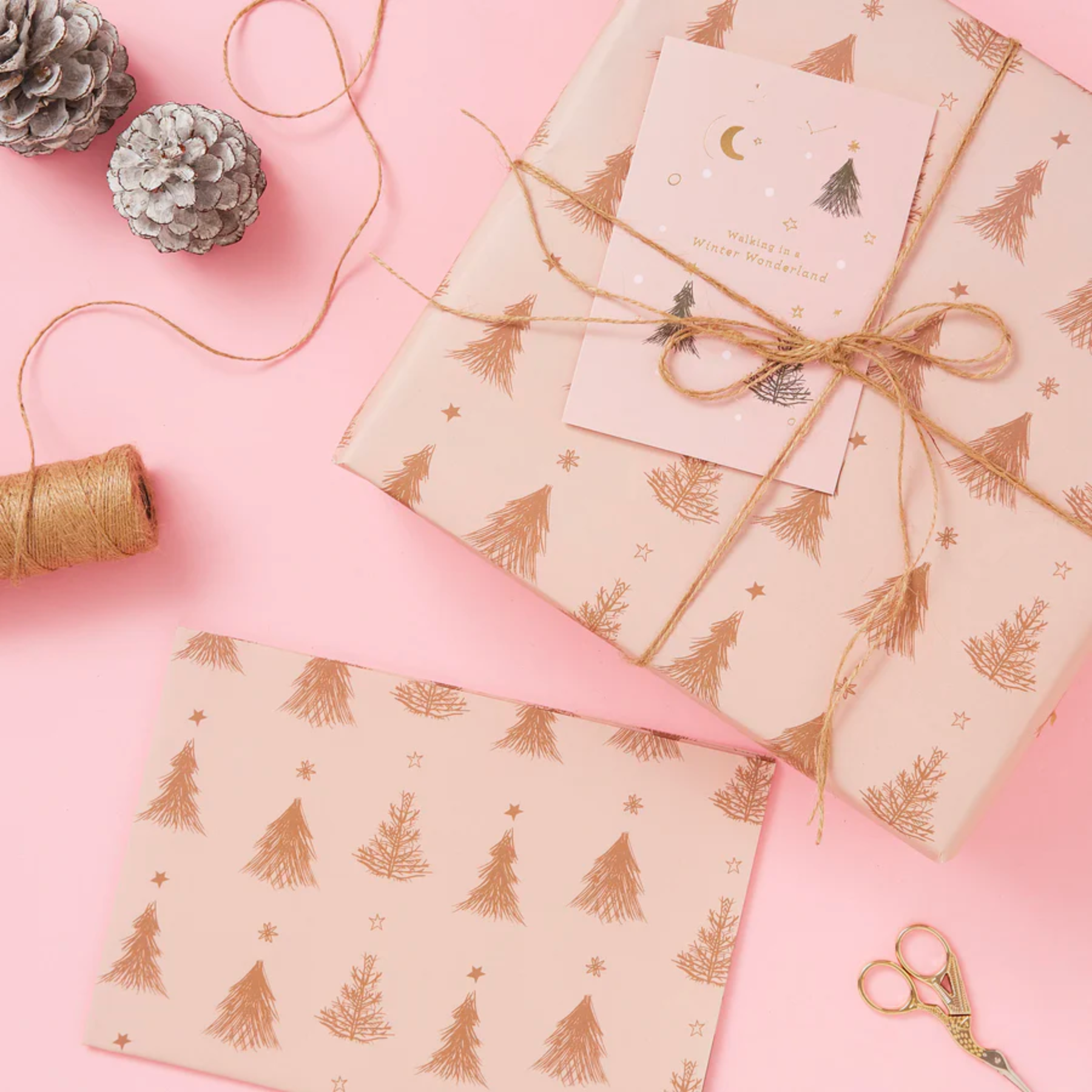 Pink tree gift wrap and gift tags set