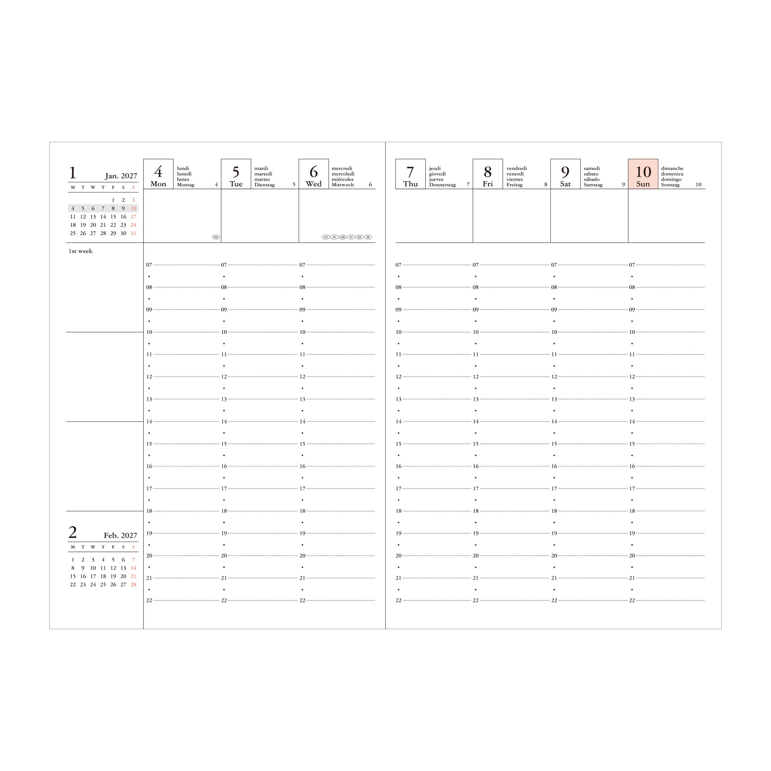 A two-page monthly calendar layout from January 2027 to February 2027, shown on a plain white background. The pages feature a minimalist grid with daily time slots, weekly sections, and a highlighted Sunday column.