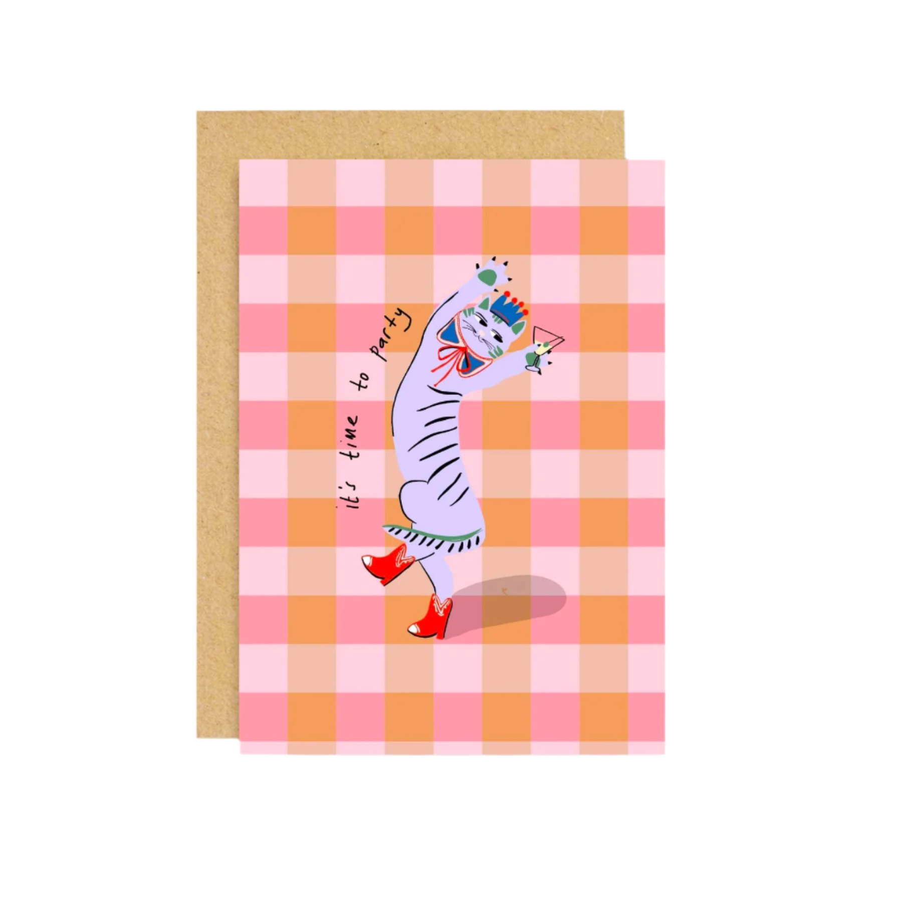 Fun cat dancing party time card with brown envelope