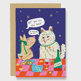 Greeting Card with bright and colourful illustration with a picnic and wine. Cat and dog illustration. Love and friendship card. 
