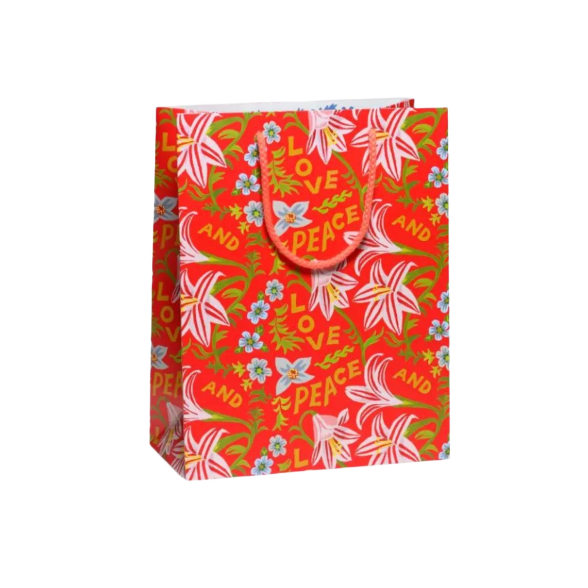 medium size red peace and love design gift bag