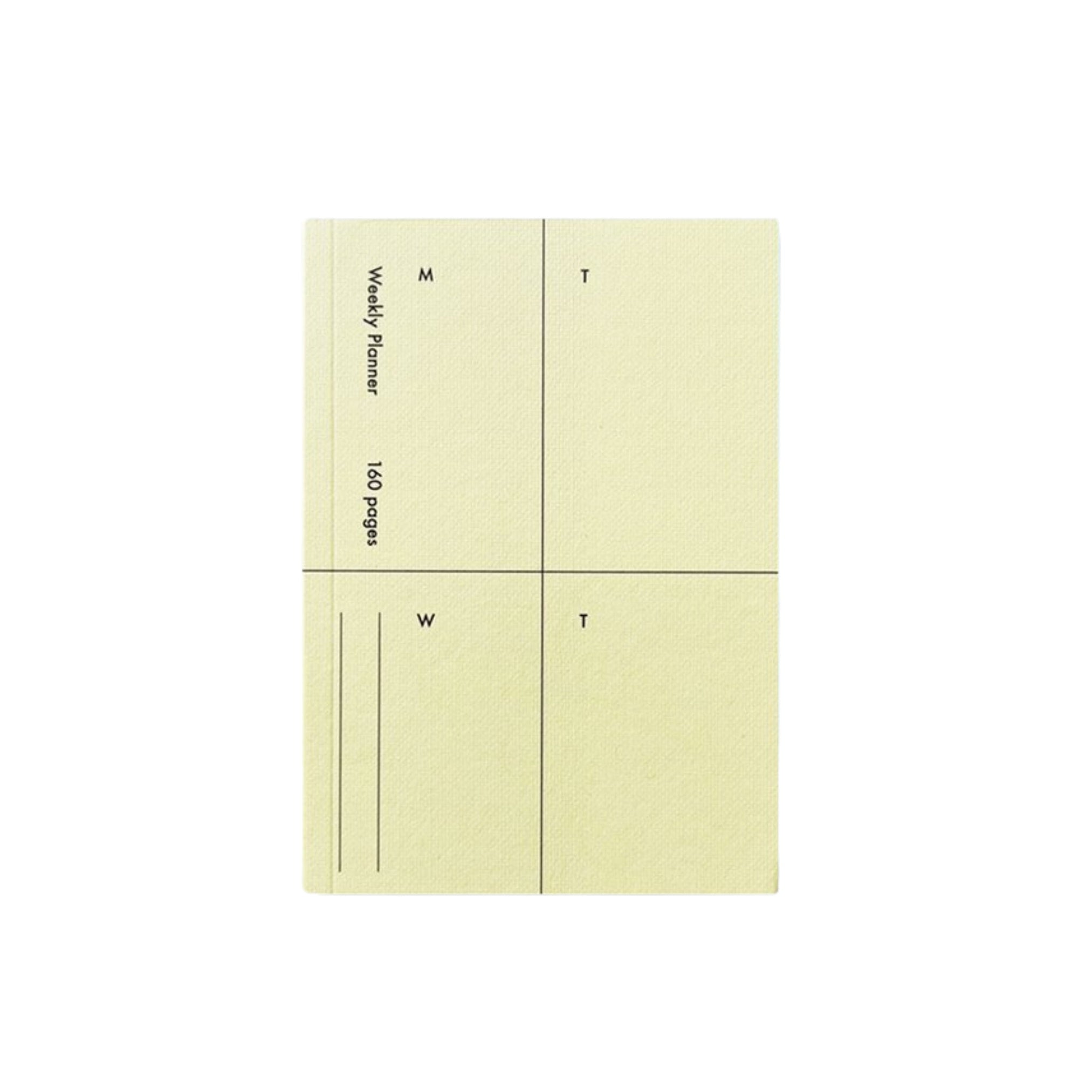 A buttermilk yellow pocket-sized planner with days of the week on each page, including a removable pocket as a page marker and a smooth cover.