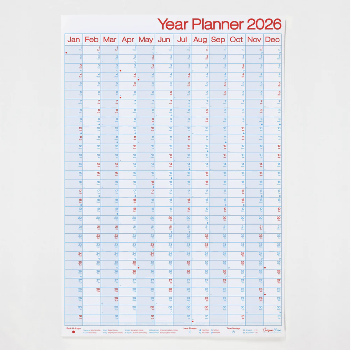 2026 year planner with grid layout on a white background
