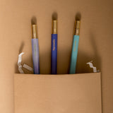 Three color-coded pens with gold accents and matching refills, presented on a neutral background.