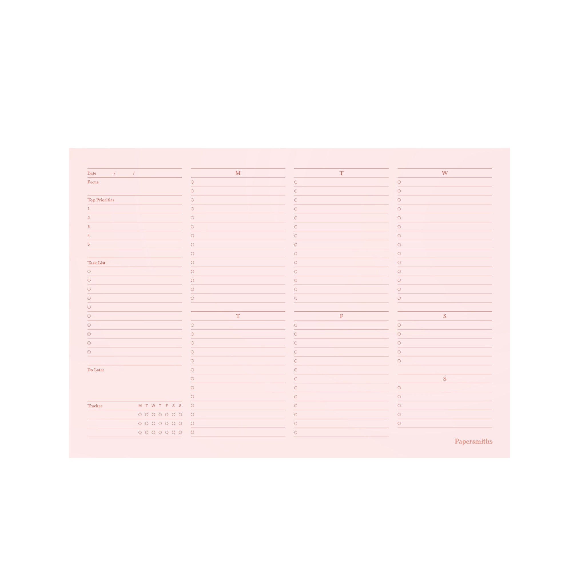Pink planner insert with grid layout on a white background