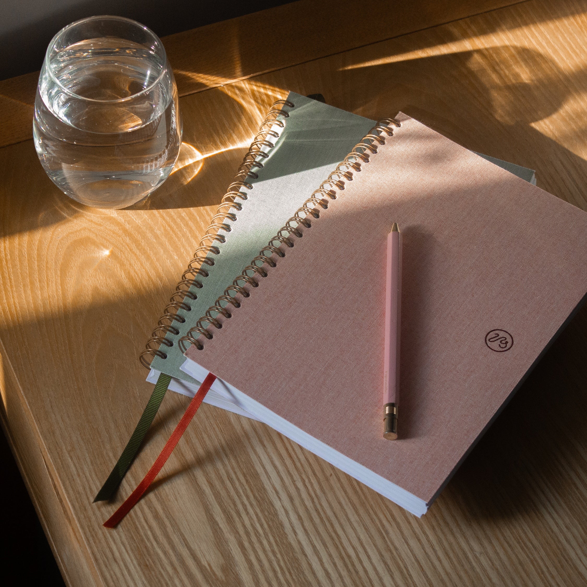 Wire Notebooks in Ocean Bookcloth on Desk