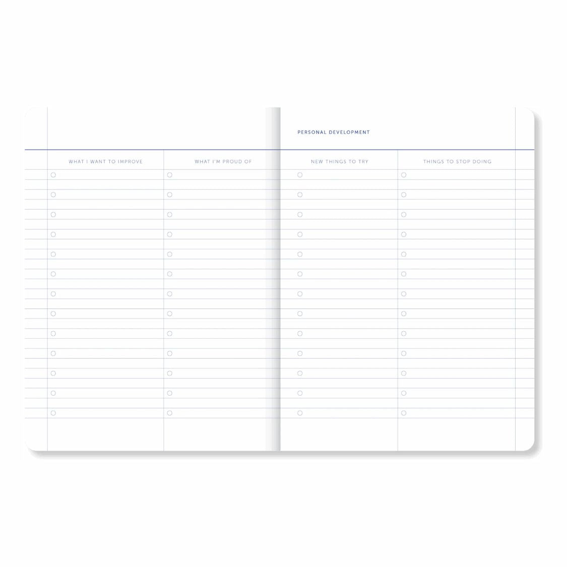 Two planner pages with columns for personal development on a white background