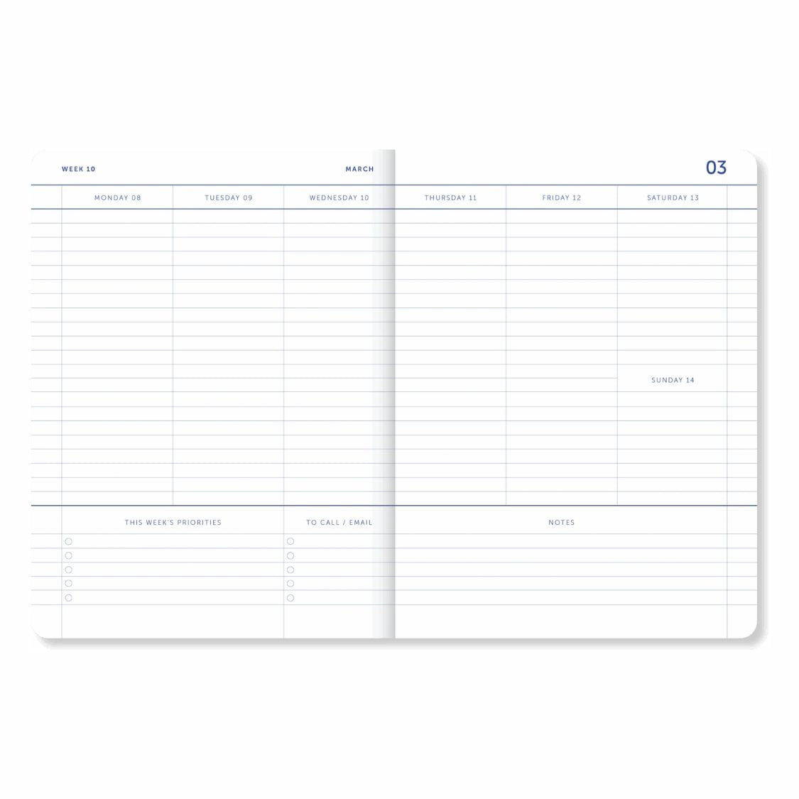 Weekly planner page with grid layout and sections for tasks and notes.