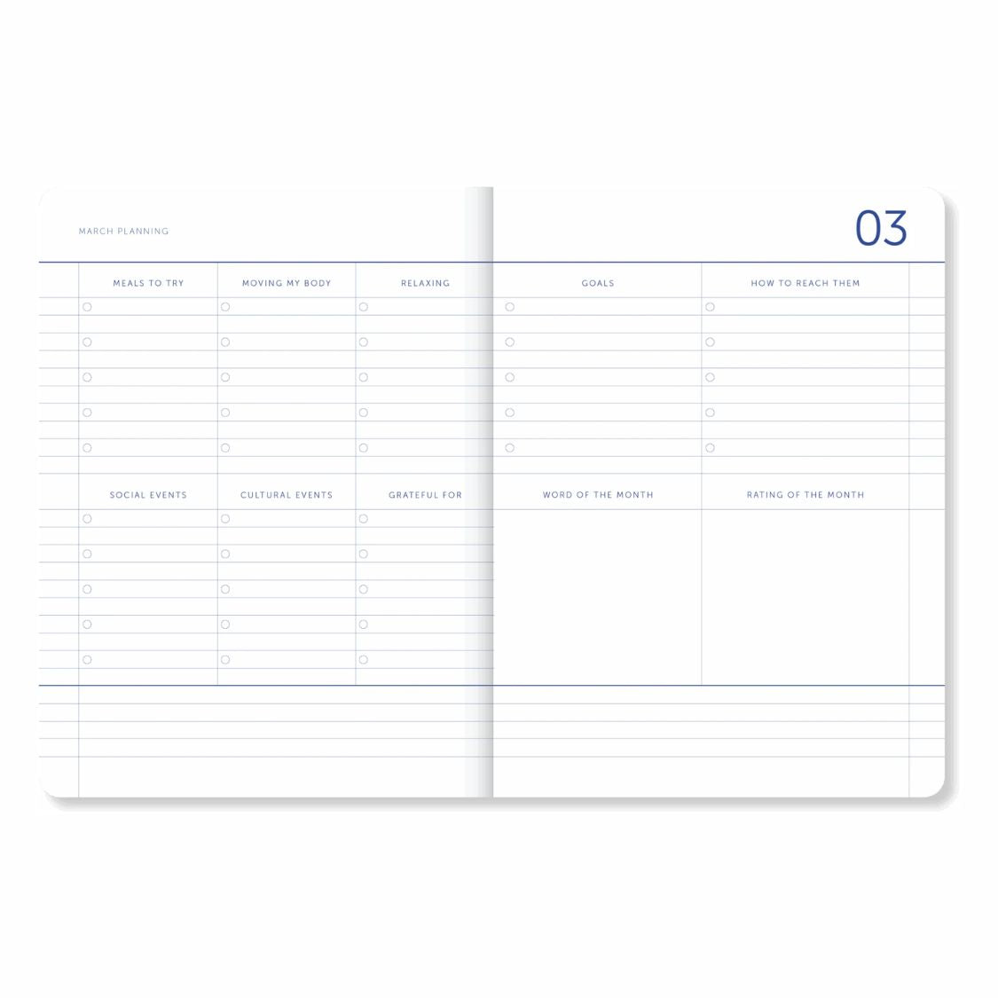 Two pages of a planner with structured layout on a white background