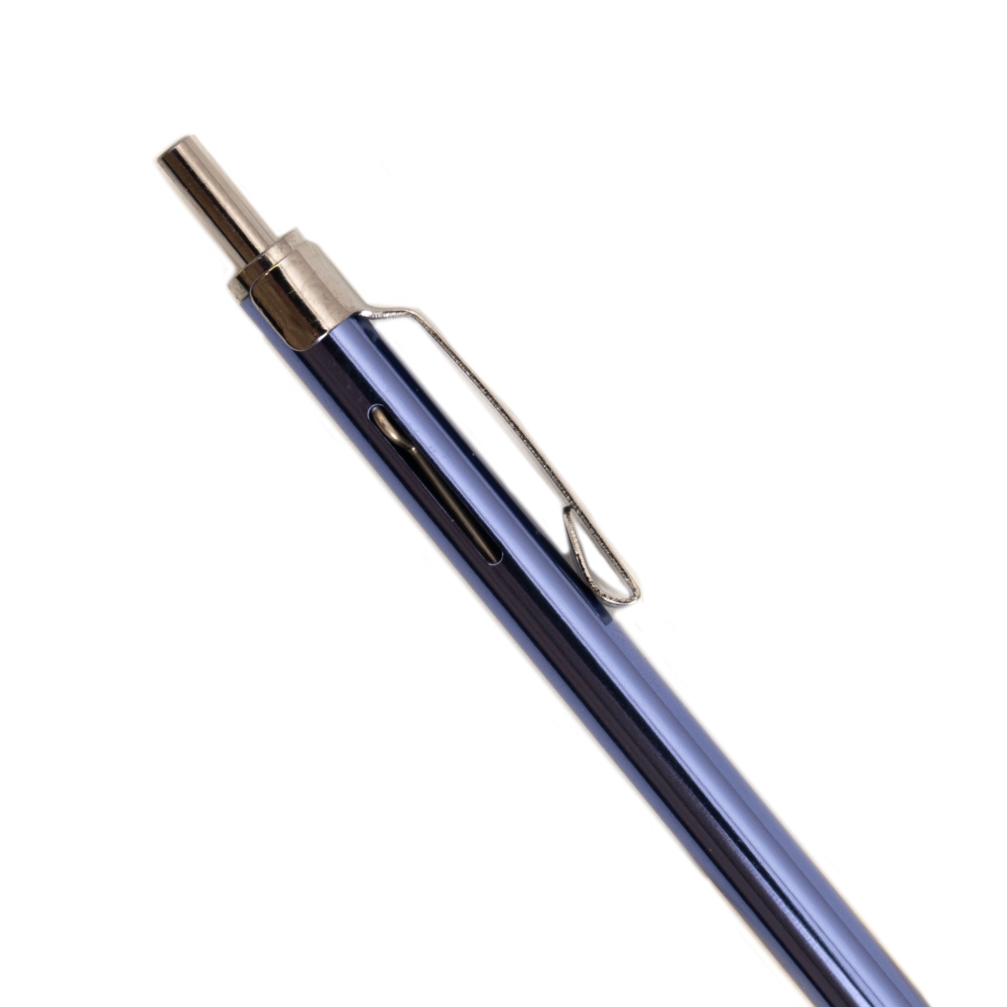 Blue pocket pen with silver mechanisms