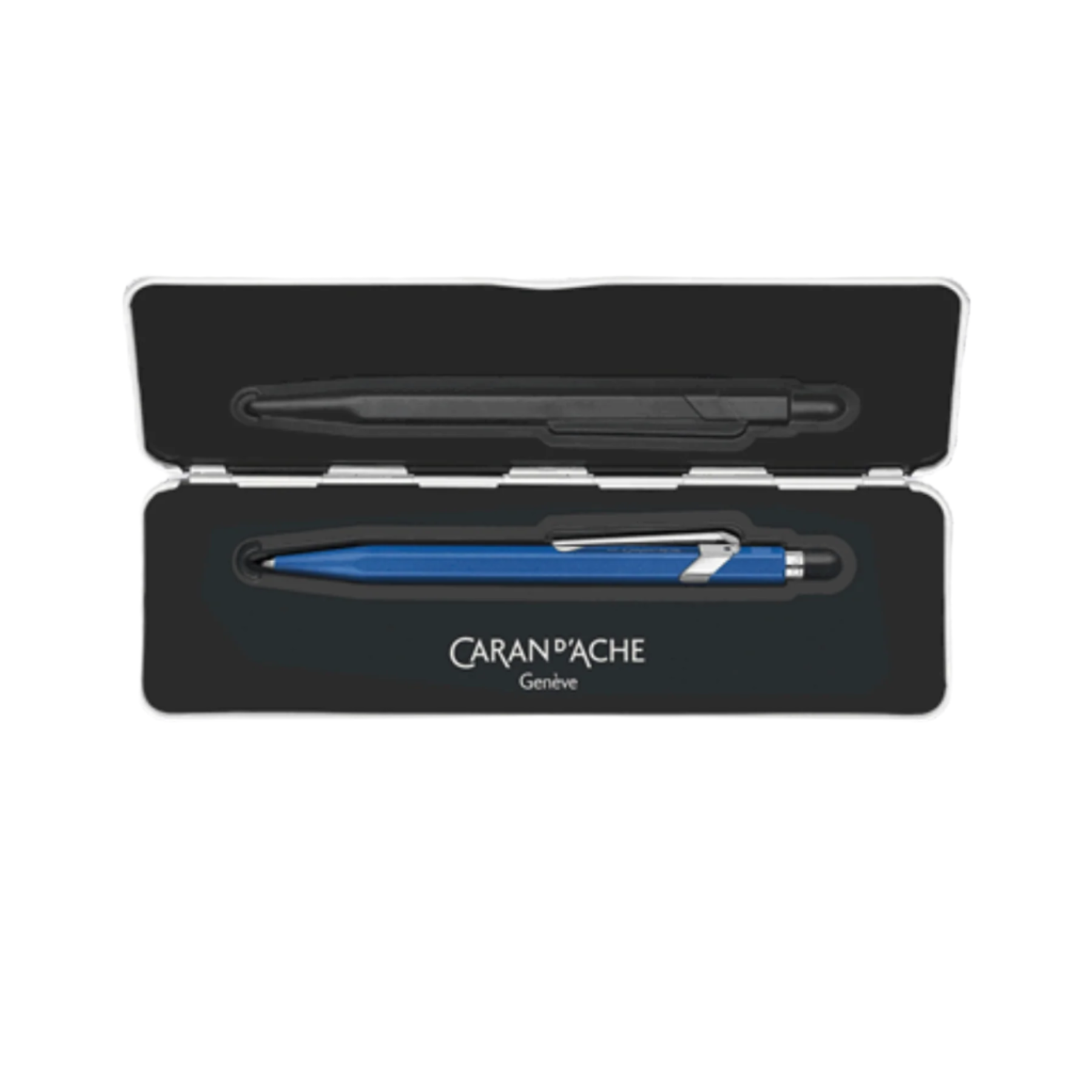 caran dache blue pen in metal case