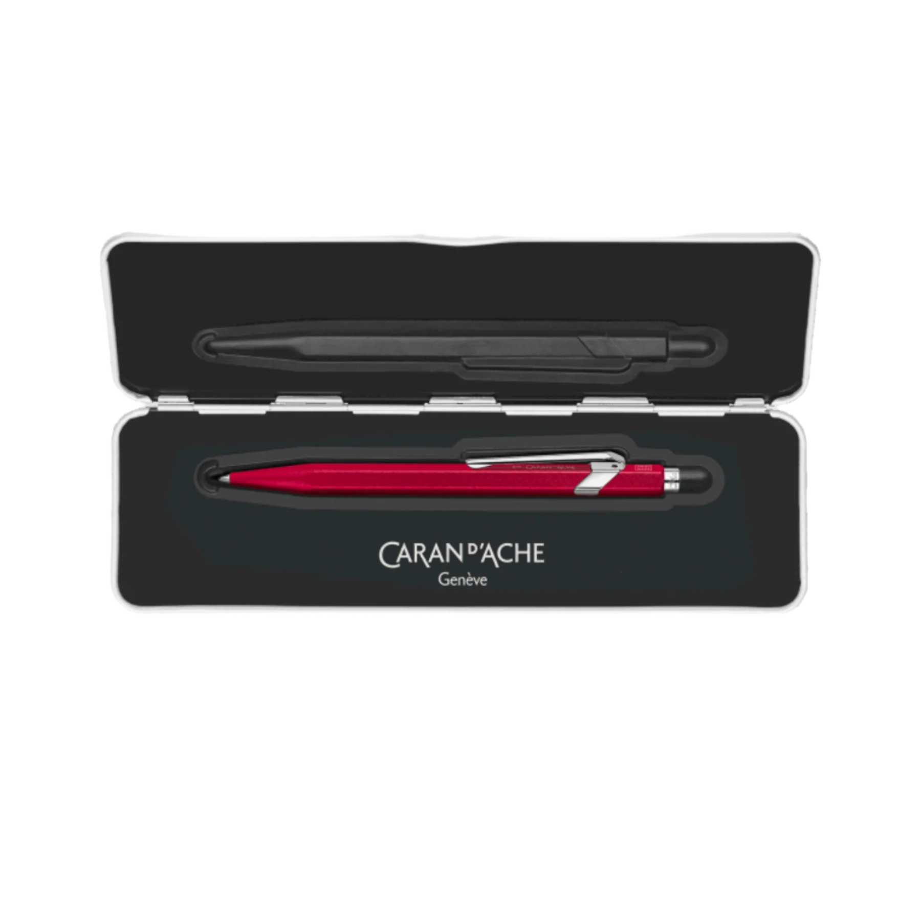 red caran dache pen in metal case