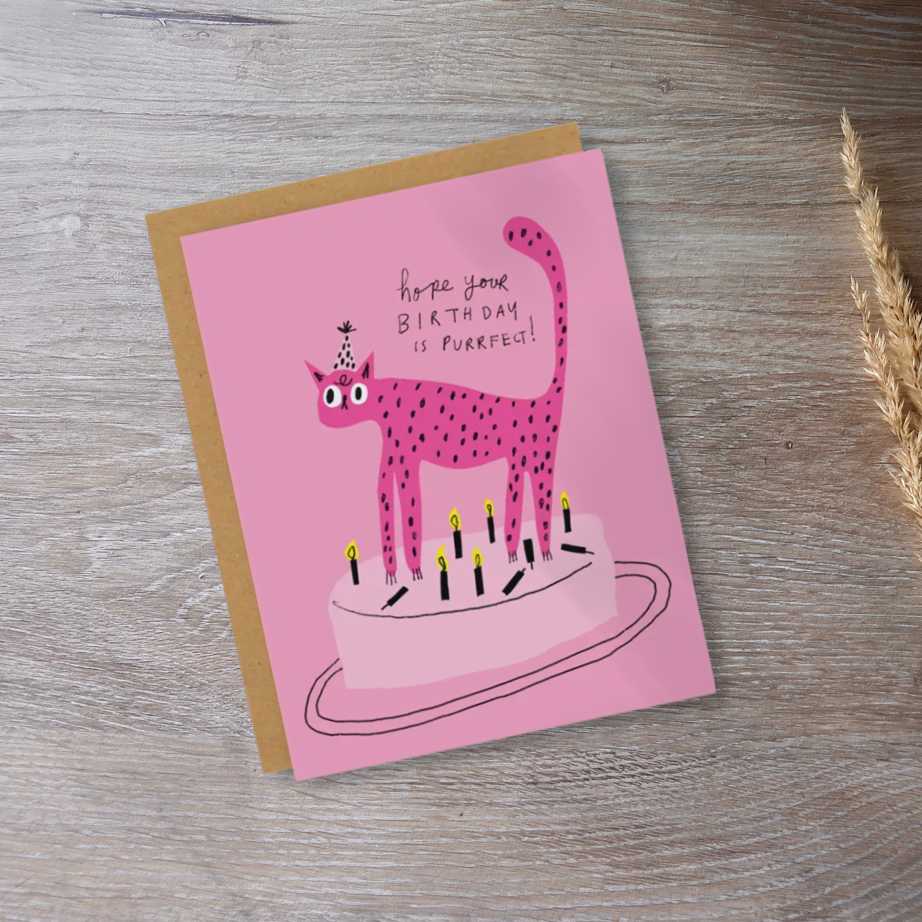 Illustrated Pink Cat Birthday Card
