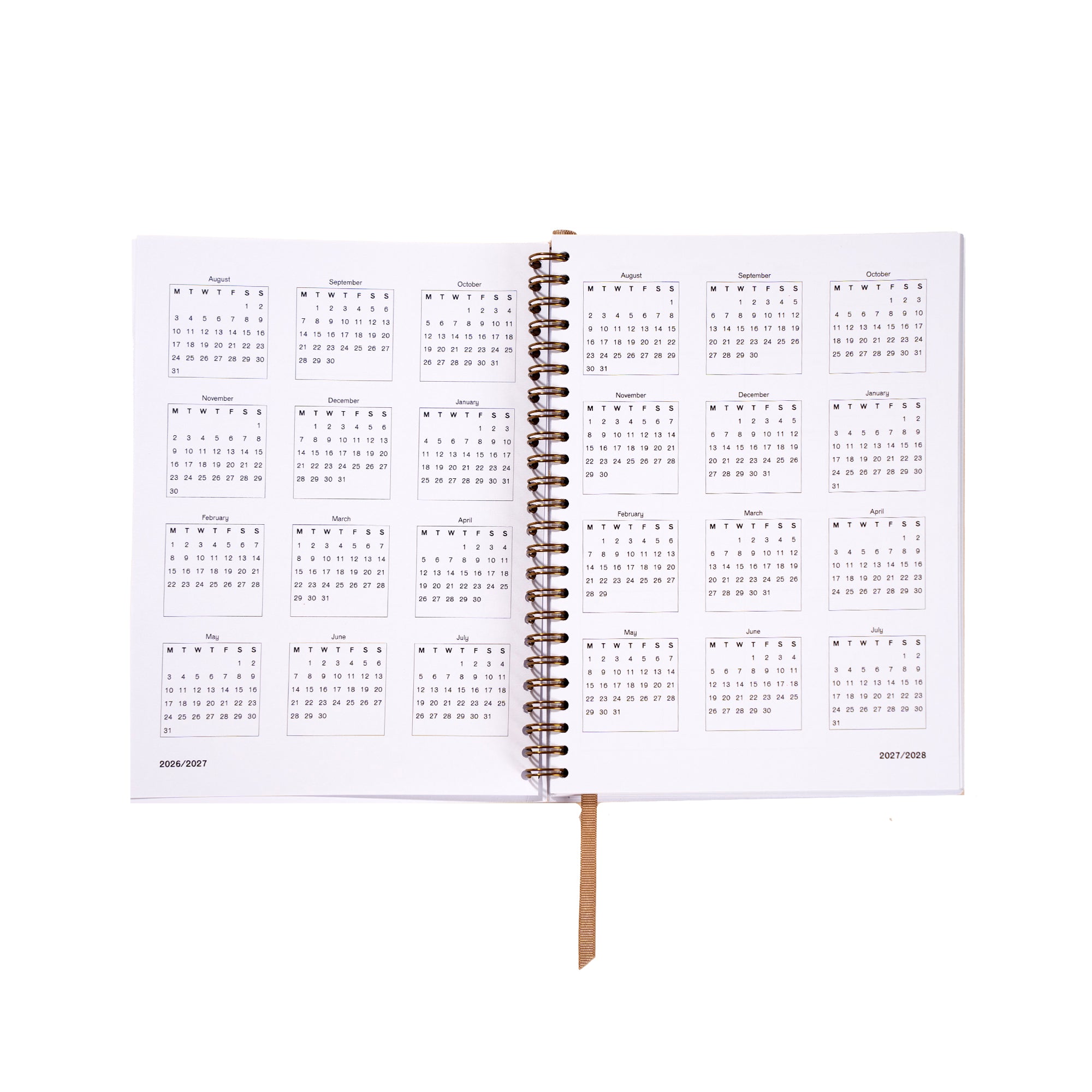 Open spiral-bound planner with calendar pages on a white background