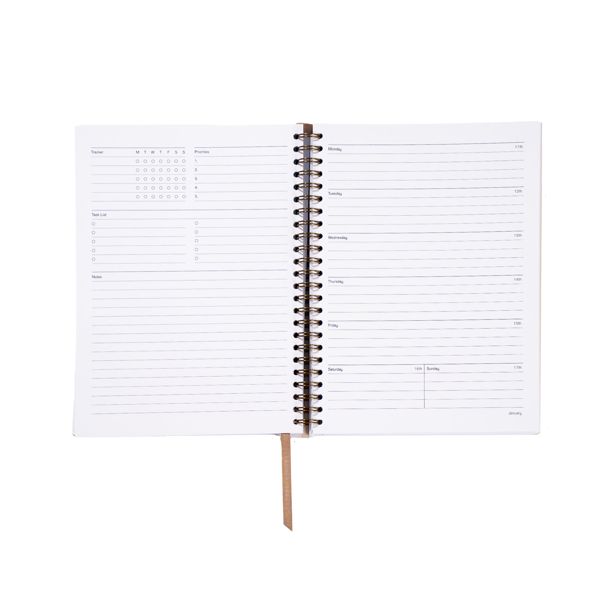Spiral-bound planner with white pages on a white background