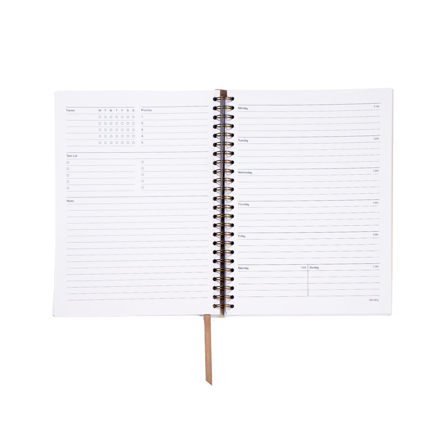 Spiral-bound planner with white pages on a white background