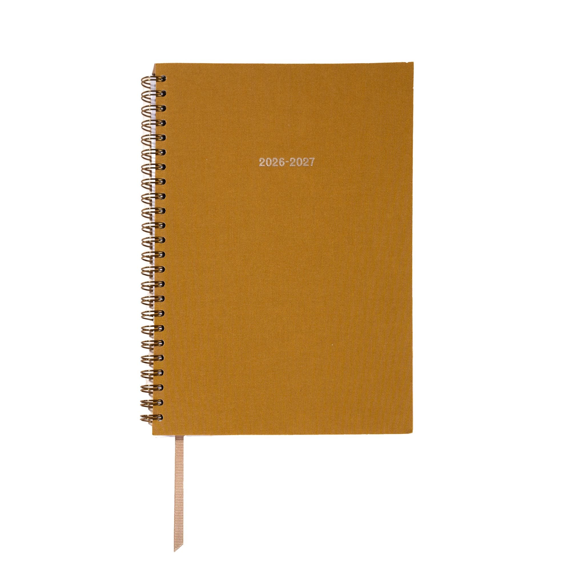 Yellow planner with spiral binding on a white background