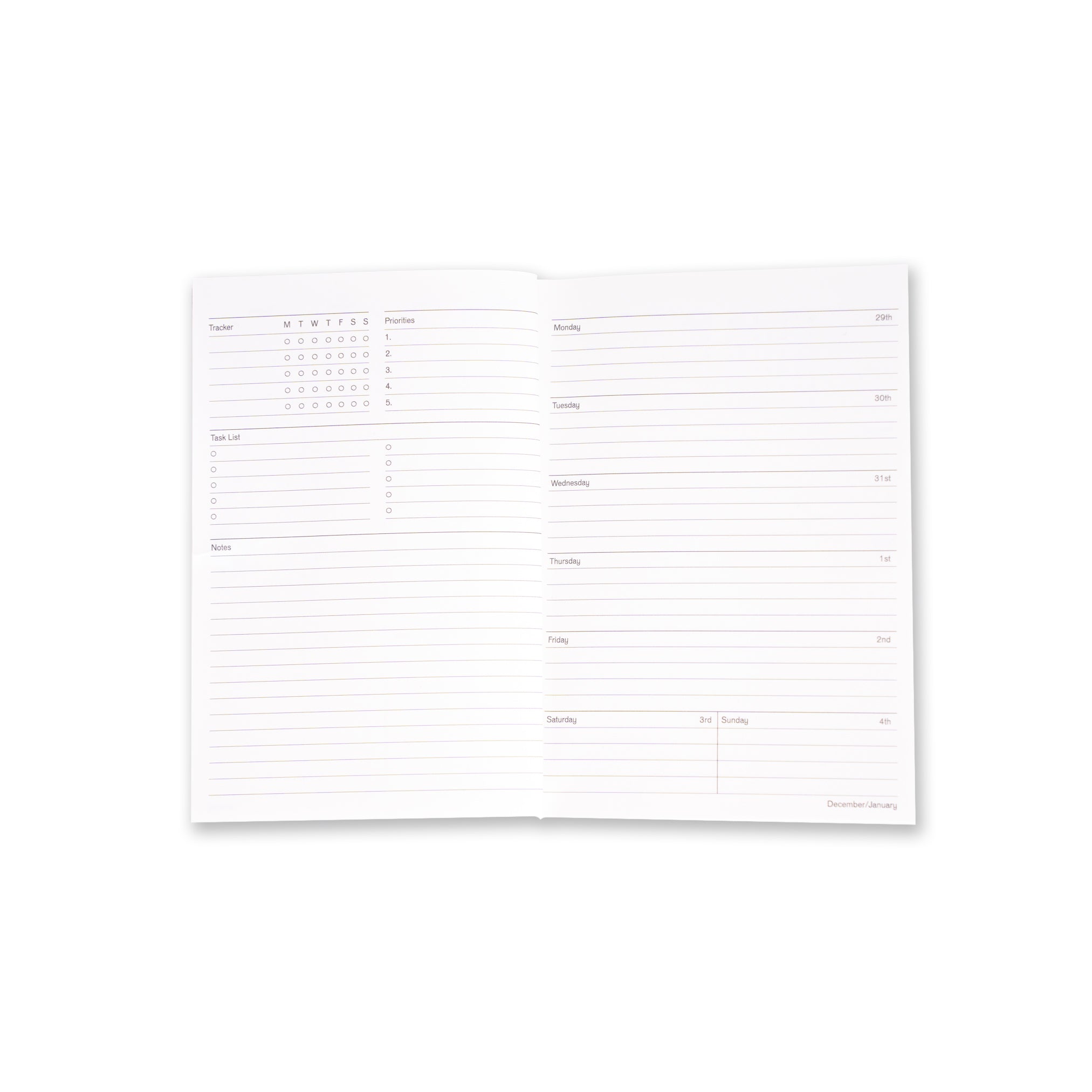White planner sheet with black text and lines on a white background