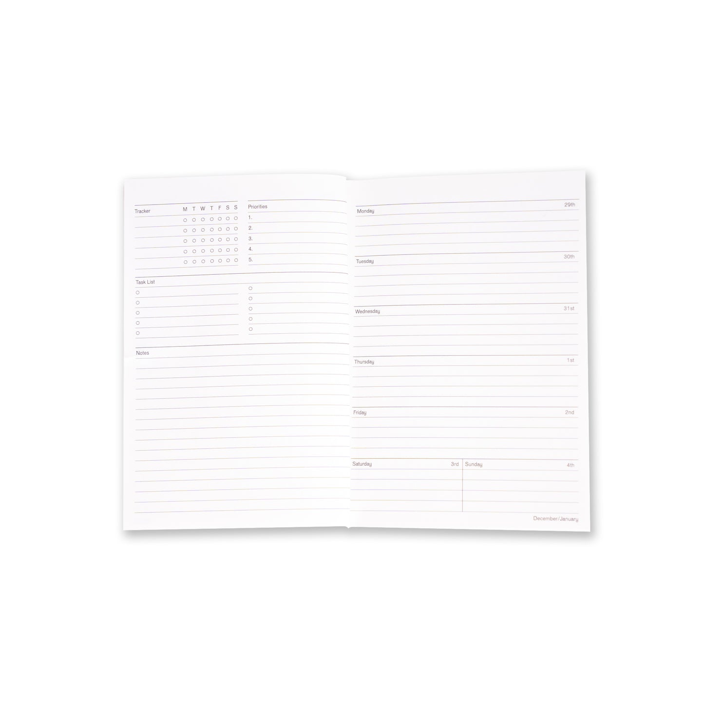 White planner sheet with black text and lines on a white background