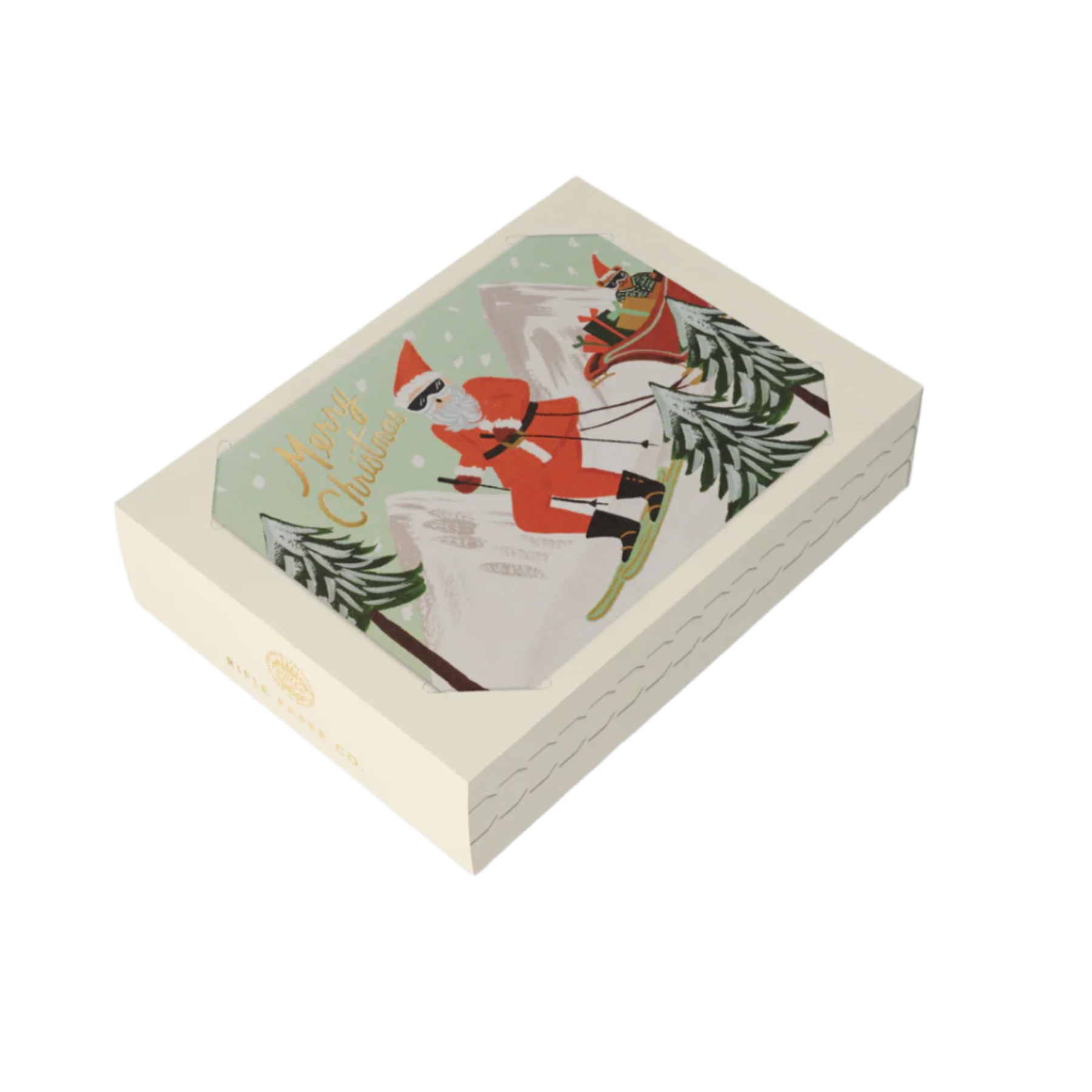 Box of skiing santa christmas cards