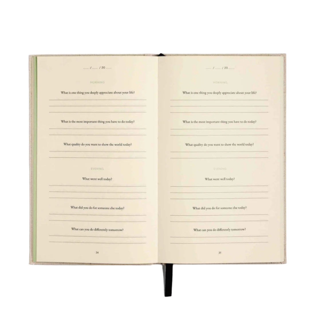 The Three Question Journal in Oat. A prompted for journal writing with a linen cover. 