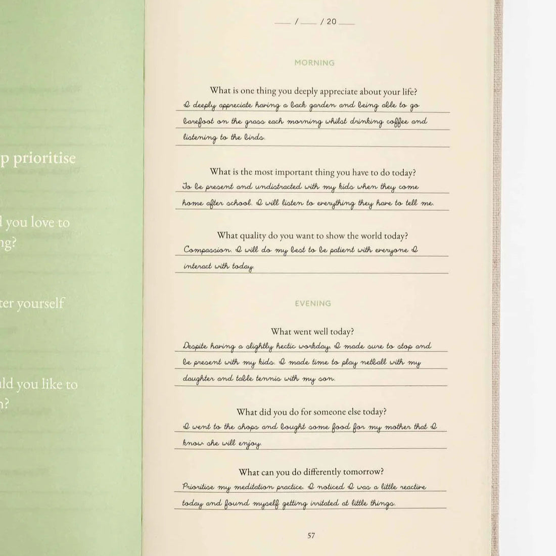 The Three Question Journal in Oat. A prompted for journal writing with a linen cover. 
